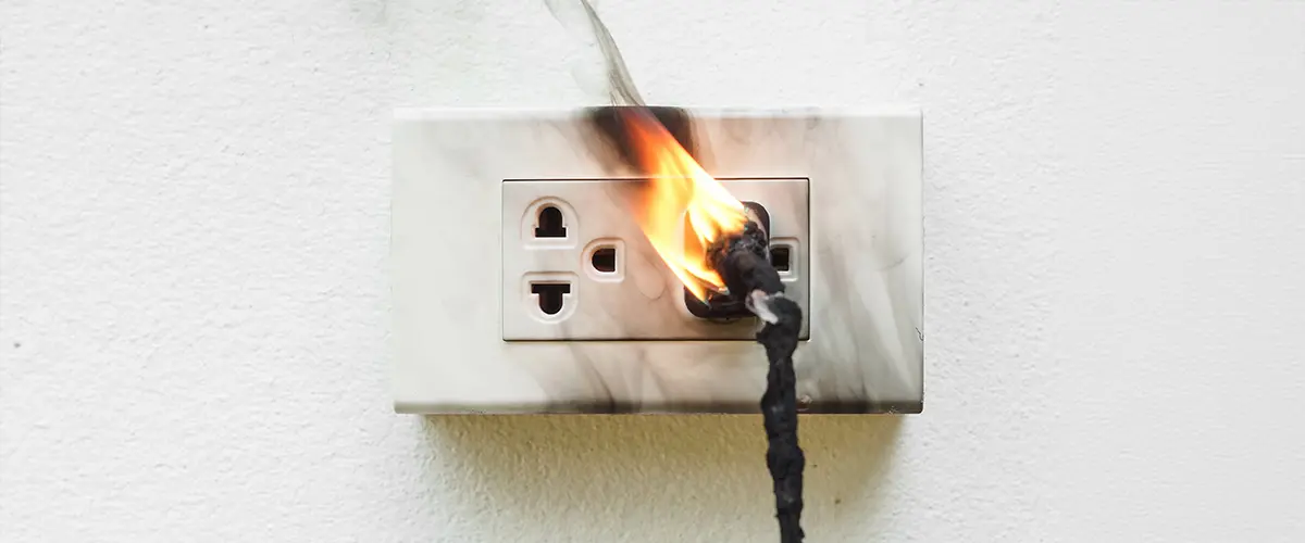 Dangerous electrical outlet fire caused by faulty wiring, highlighting fire safety importance.