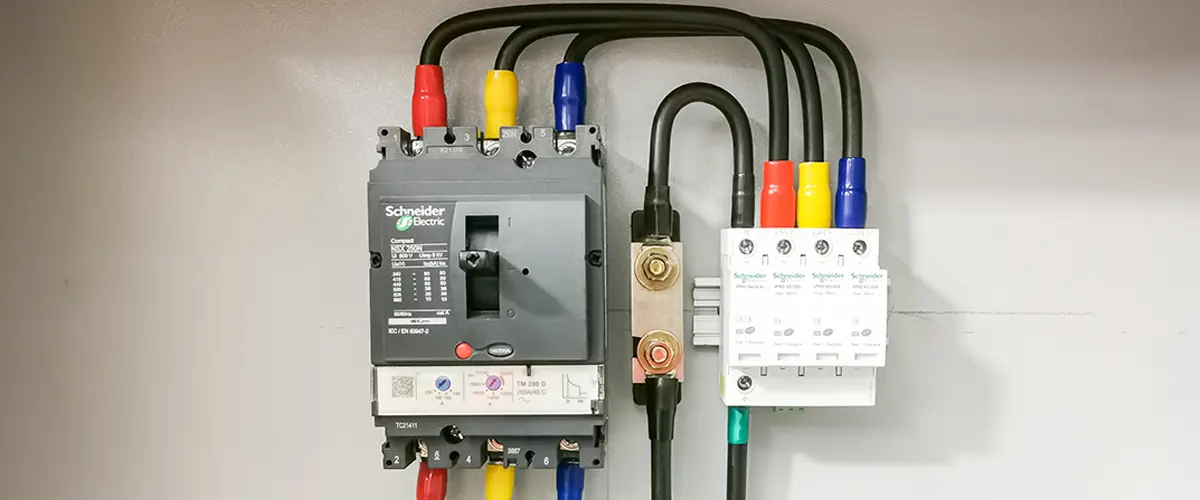 Detailed view of Electric circuit breaker panel wiring setup with colored cables.