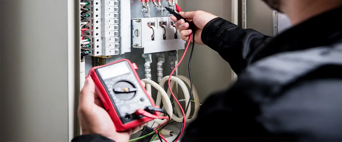 Electrician testing electrical connections with multimeter for safe and reliable wiring inspection.