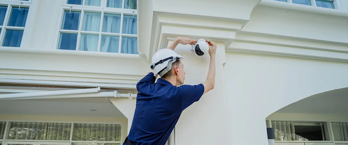 Technician installing an outdoor security camera on a white residential building.