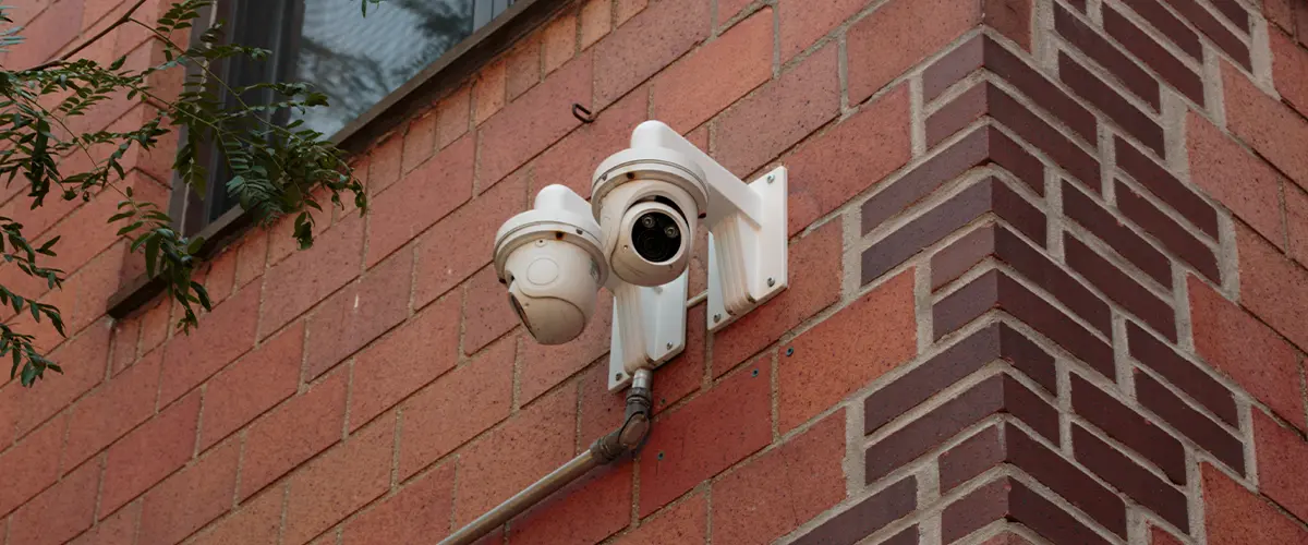 Two outdoor security cameras installed on a red brick building for surveillance.