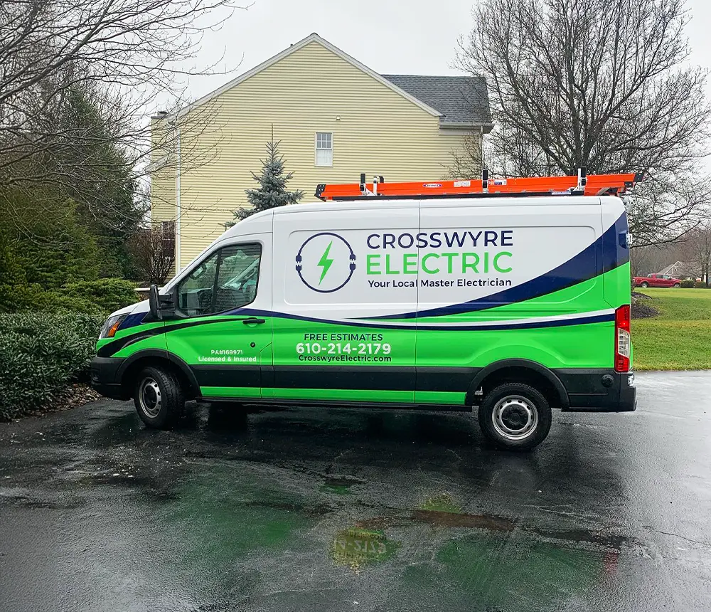 Crosswyre Electric company service van, branded with logo and contact information for electrical services.