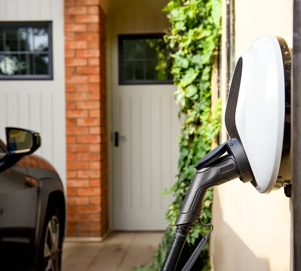 Outdoor EV charger mounted on wall with greenery in residential driveway.