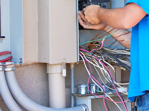 Electrician wiring a breaker panel for safe and efficient electrical installation.