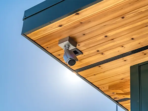 Modern surveillance camera on wooden ceiling for advanced security monitoring.