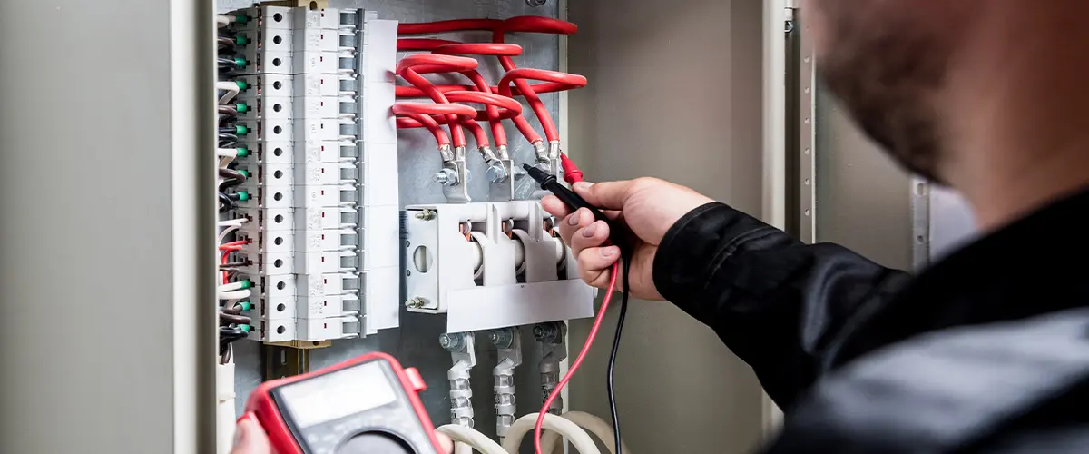 Electrician testing electrical panel with a multimeter for safety and maintenance.