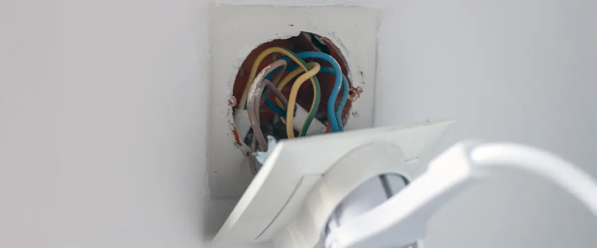 Exposed electrical outlet with visible wiring during home renovation.