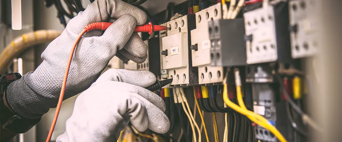 Technician testing electrical circuit wiring in a control panel, ensuring safety and proper function.