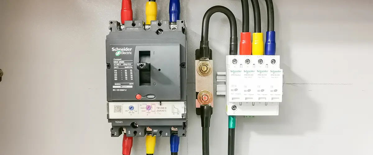 Wired Schneider Electric circuit breaker setup inside an electrical panel.